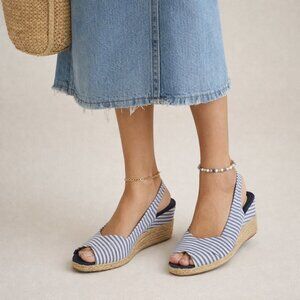 Lauren Ralph Lauren Cassara Seersucker Stripe Espadrille Wedge Heels Blue Sz 10